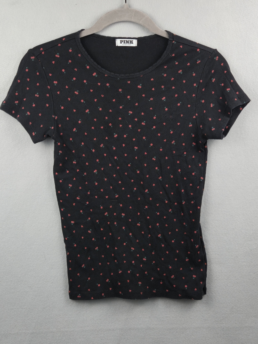 PINK Victoria's Secret Black Cherry Heart Pointelle Knit Short Sleeve Top M
